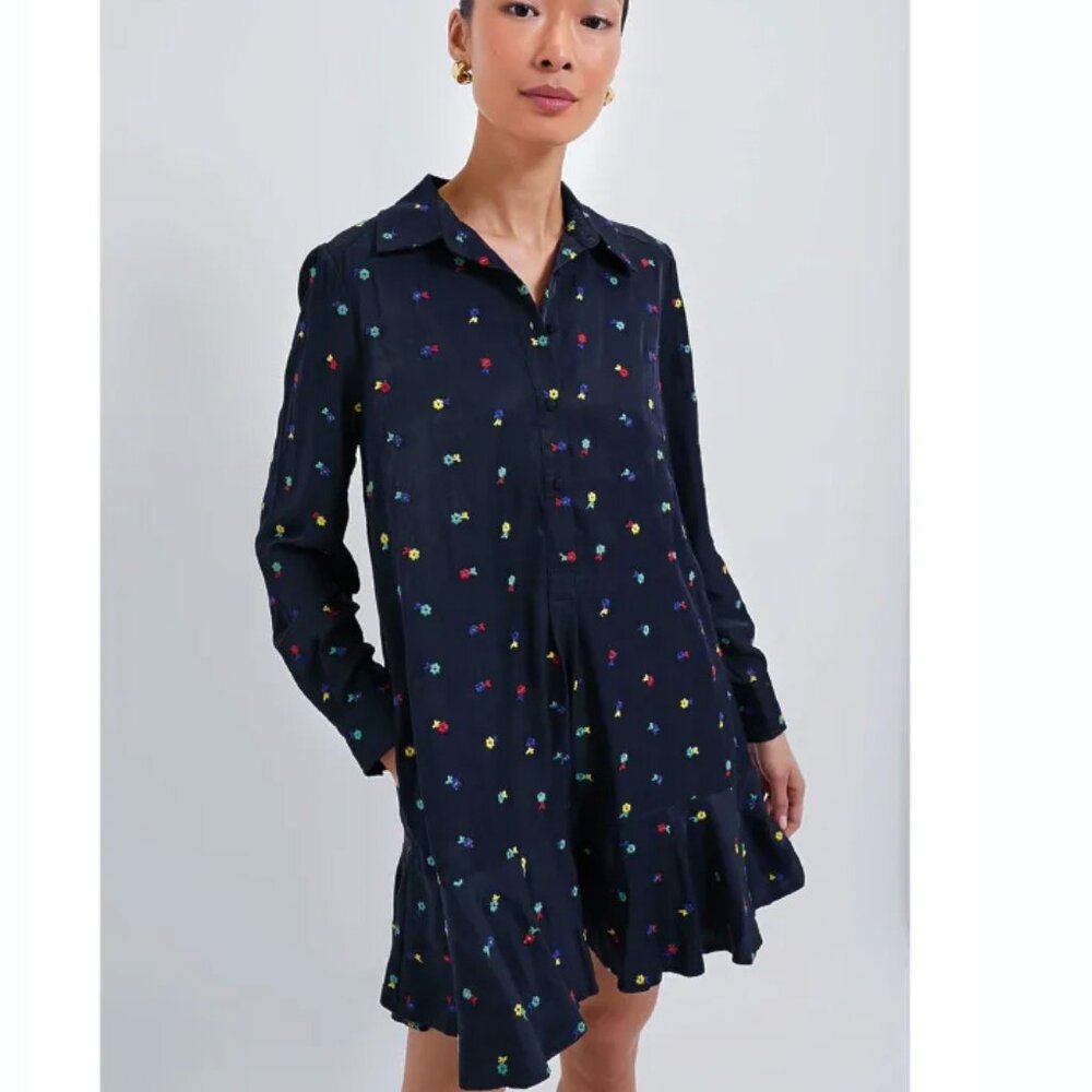 Tuckernuck Shirt Dress Navy Embroidered Flowers Long Sleeve Ruffle Hem 2XL